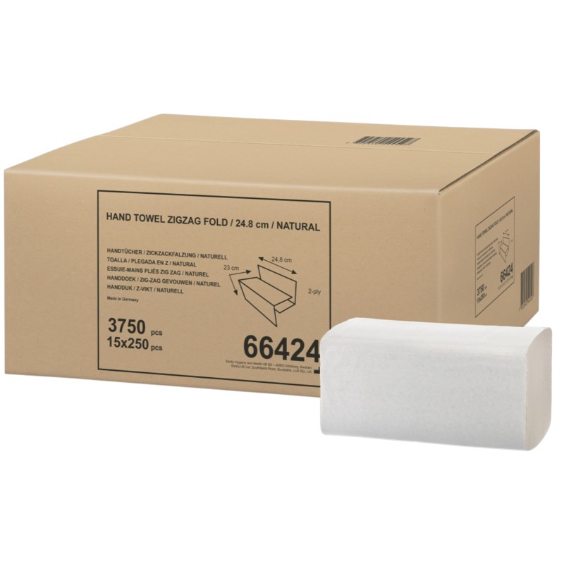 66424 - Neutrales Handtuch, V-förmig gefaltet (ZZ) - 2-lagig - Natur recycelt - 23 x 24,8 cm - H3 - Packung mit 15 x 250 Tüchern